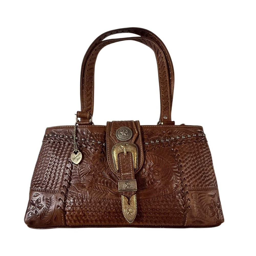 American West Western Tooled Leather Shoulder Bag Brown Buckle Cowgirl Via